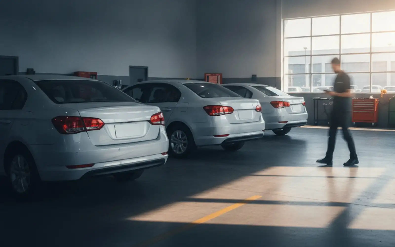 Autos nuevos alineados dentro del taller de una agencia, junto a un ventanal.