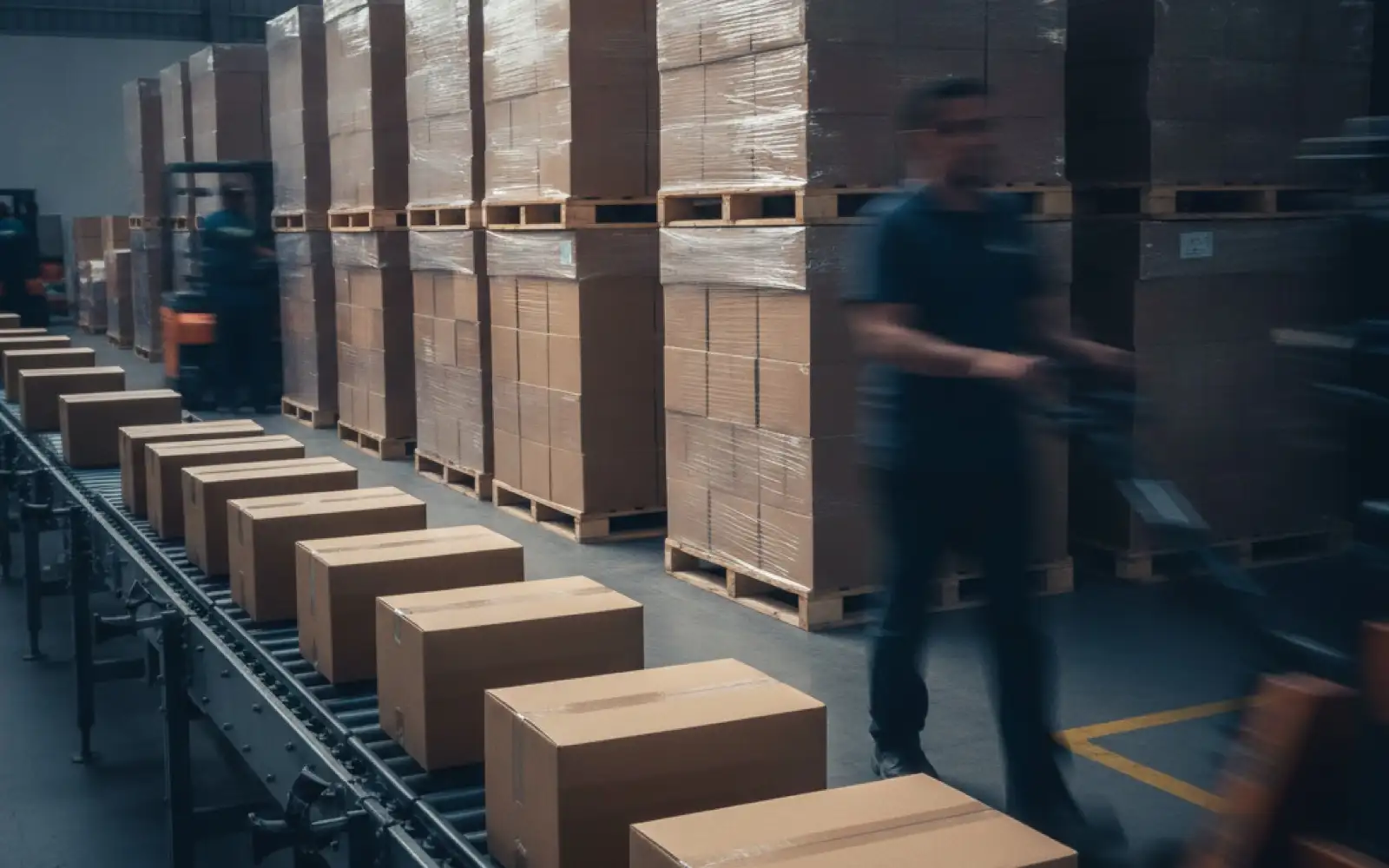 Almacén con cajas sobre una banda transportadora y tarimas envueltas apiladas.