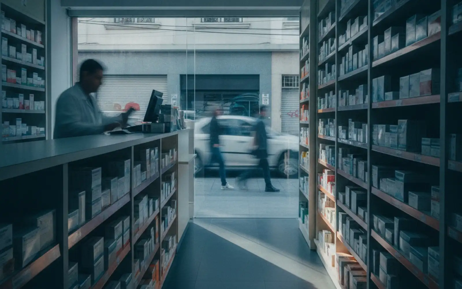 Interior de una farmacia con anaqueles de medicamentos y un mostrador hacia la calle.