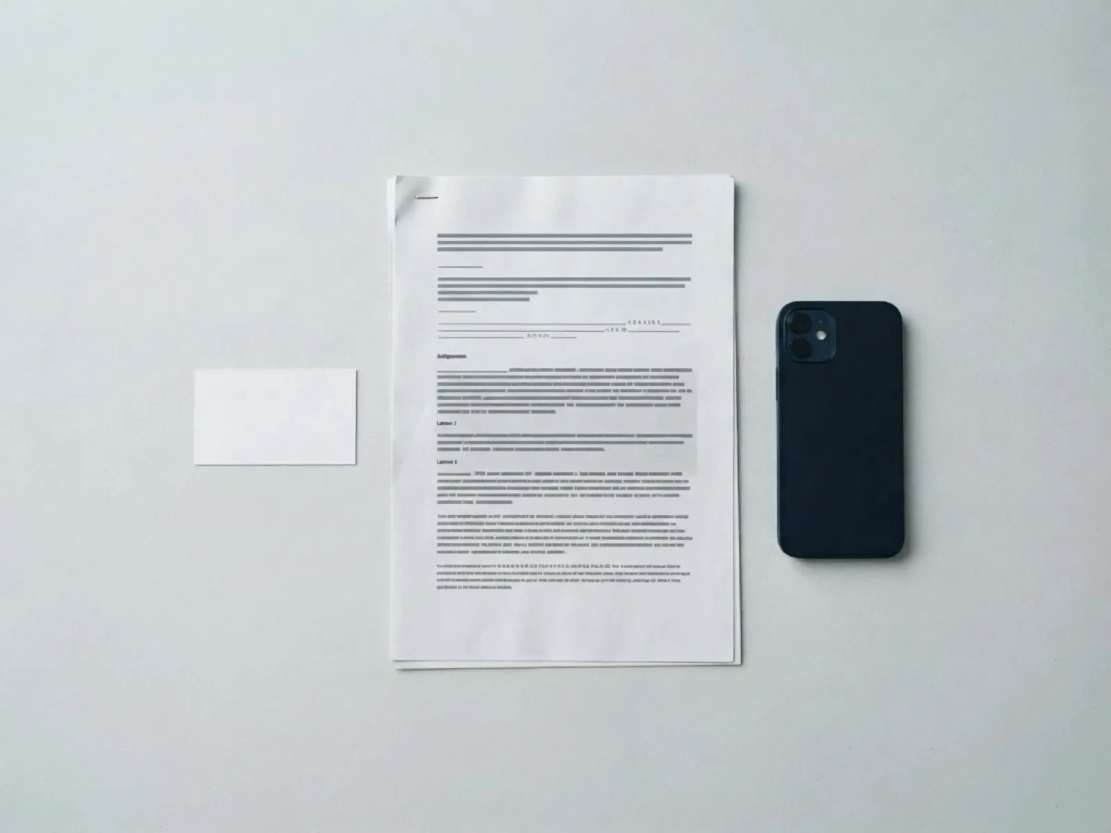 Contrato de servicio impreso junto a un teléfono celular y una tarjeta en blanco.