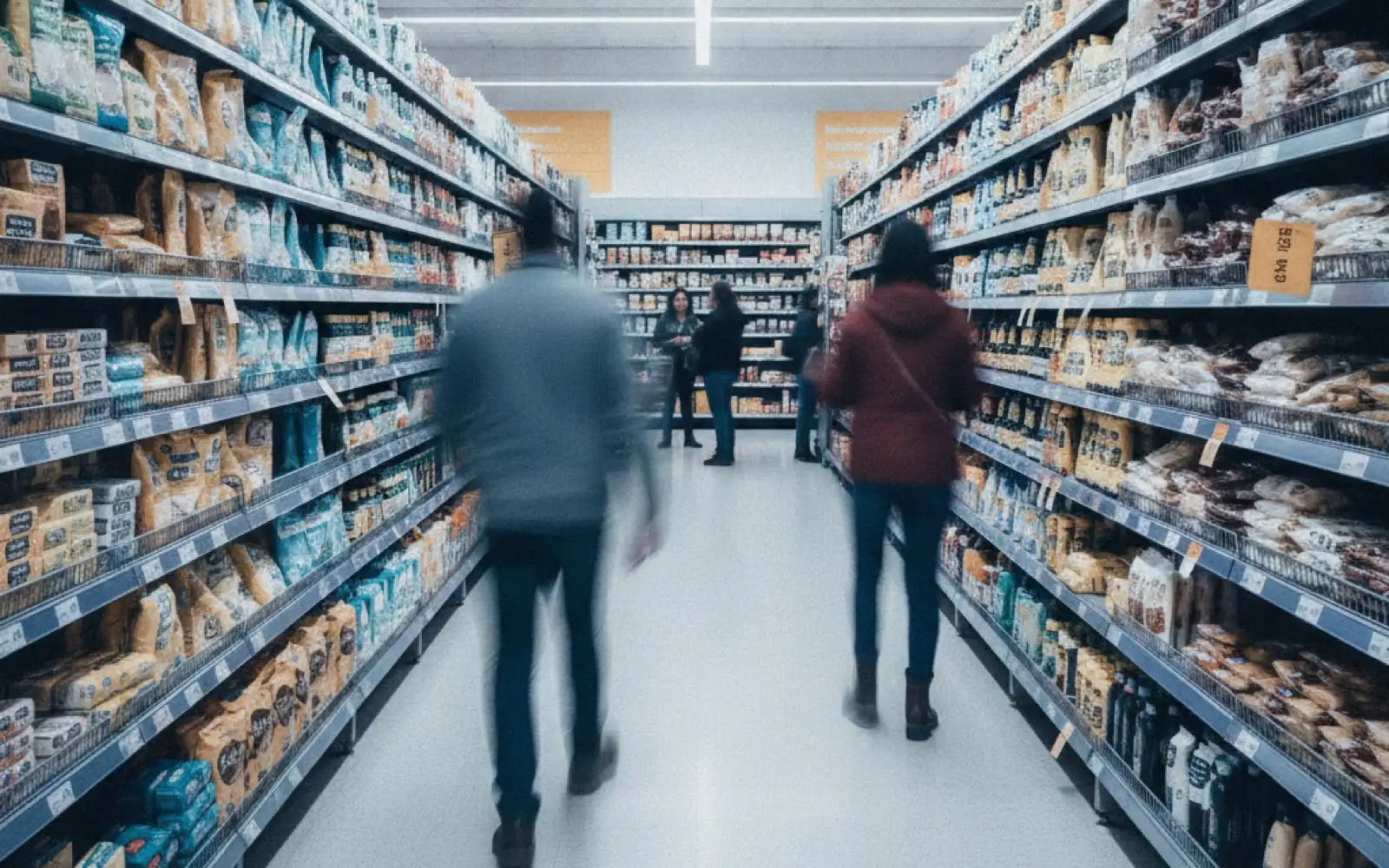 Pasillo de supermercado con anaqueles llenos y clientes caminando.