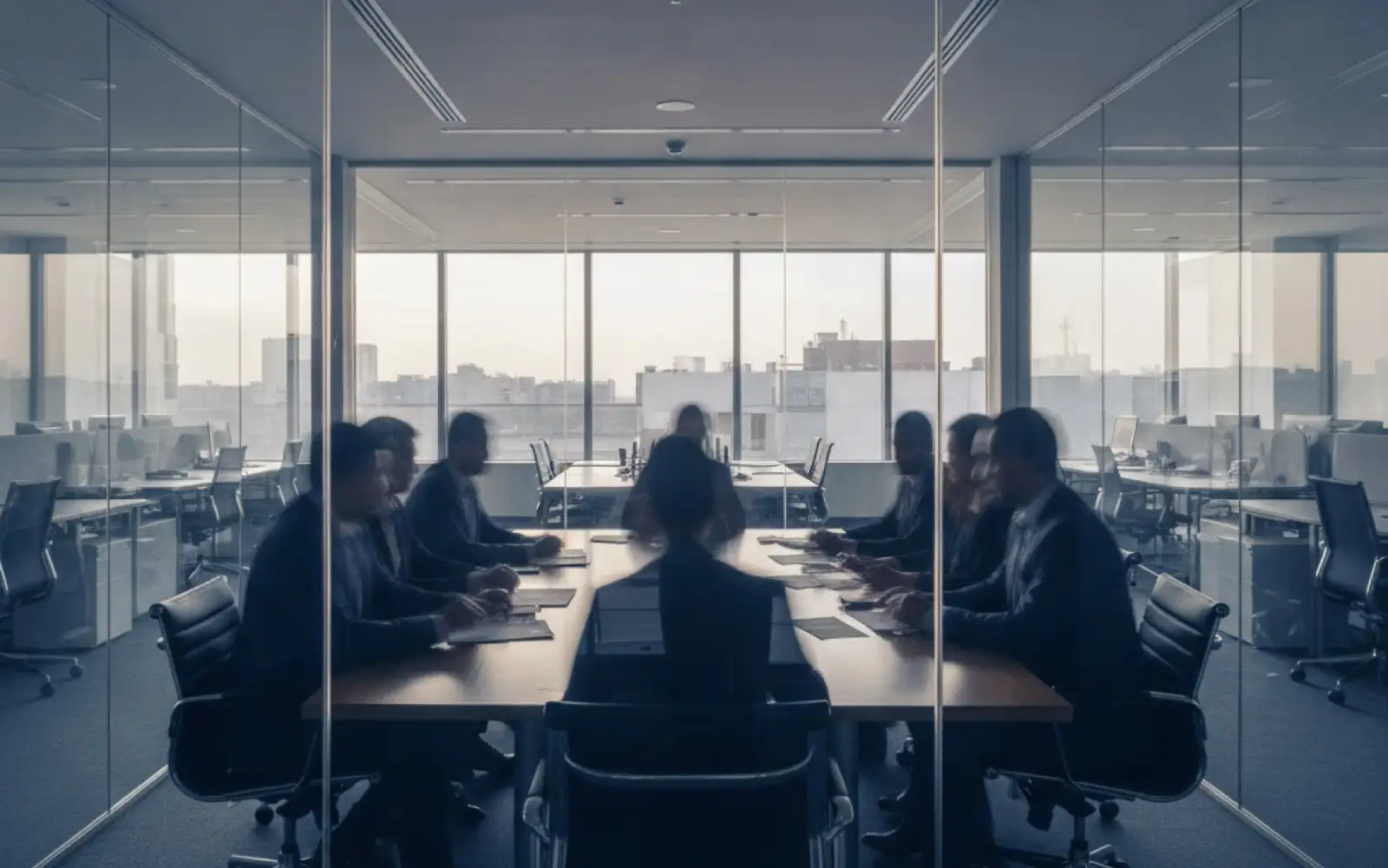 Sala de juntas con vista a la ciudad y varias personas sentadas alrededor de la mesa.