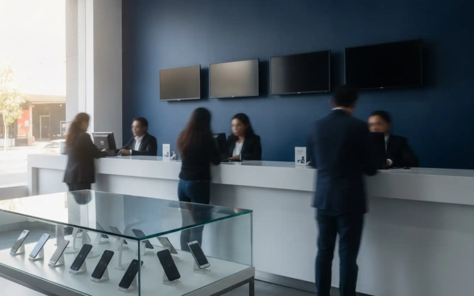 Tienda de telefonía con vitrina de celulares y personal atendiendo en el mostrador.